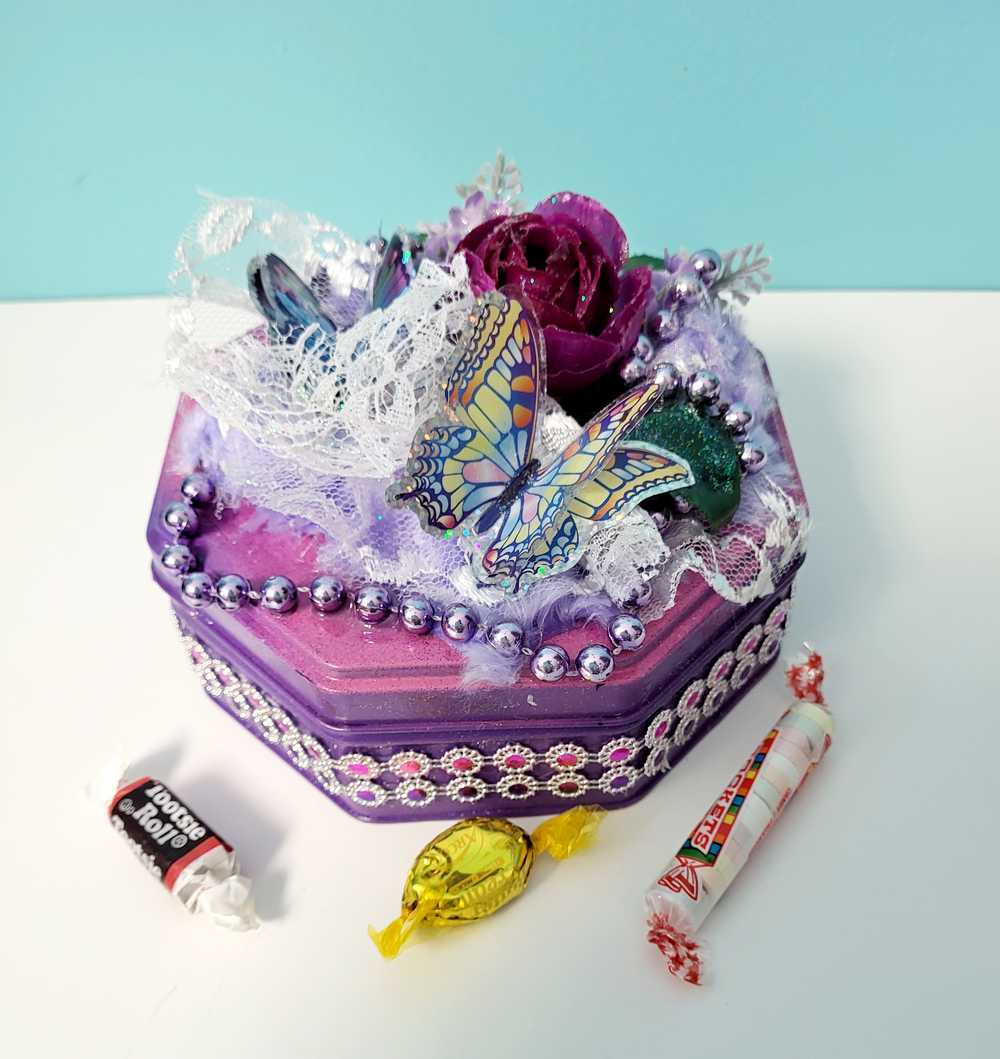 Tin Box Repurposed into a Jewelry Box, Two Butterflies and Deep Purple Rose on Lace