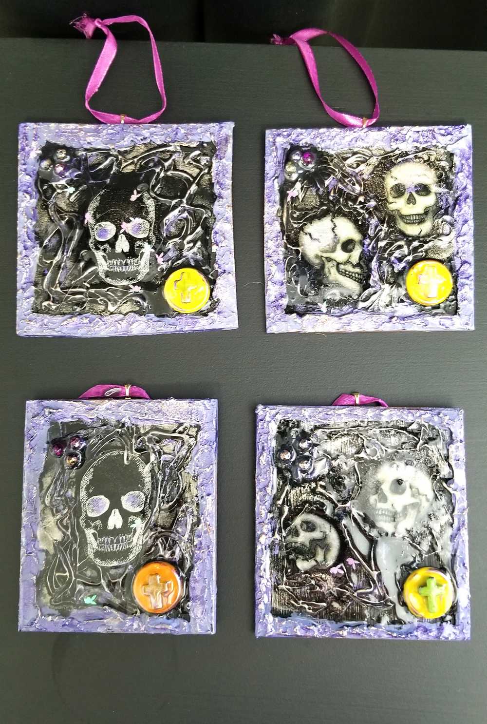 Purple and Black Skull Fabric Faces on Wood Ornaments