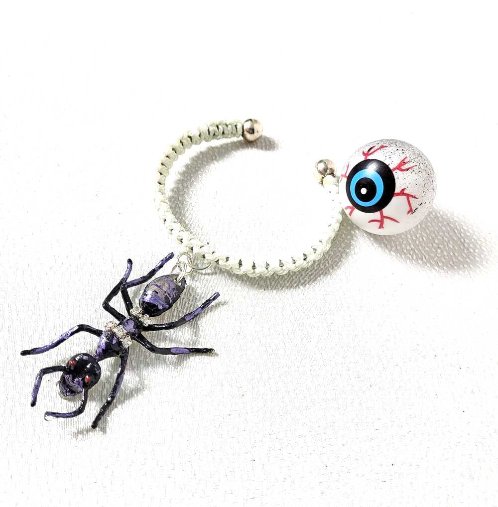 Giant Black Ant Bracelet Encrusted with Rhinestones For Halloween, Punk, Goth, White Braided Open Bangel