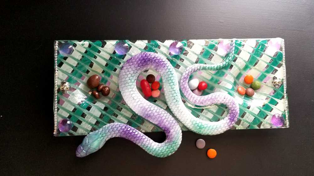 Teal & Purple Glass 4 Candle Holder with Resin Snake, Candy Dish