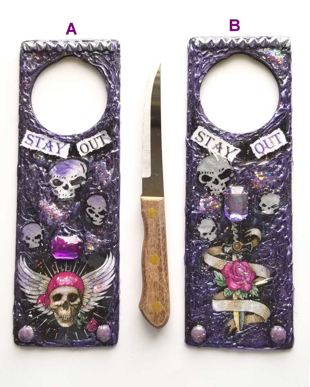 "Stay Out" Door Knob Signs with Skulls, a Dagger, a Rose and a Heart in Black & Purple