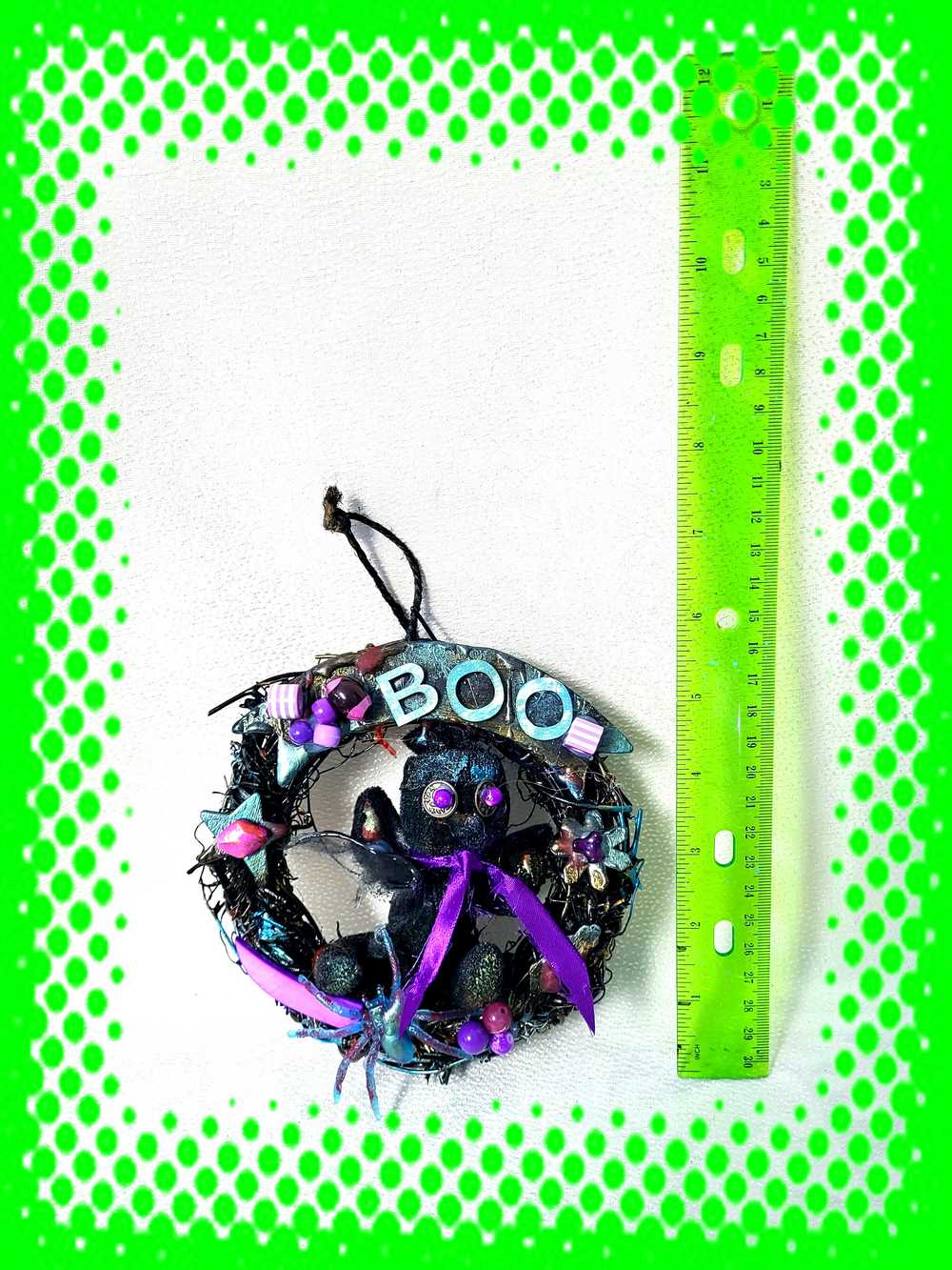 Black Mini Wreath with Black Snowman, Purple Spider, Beads & "BOO" Sign