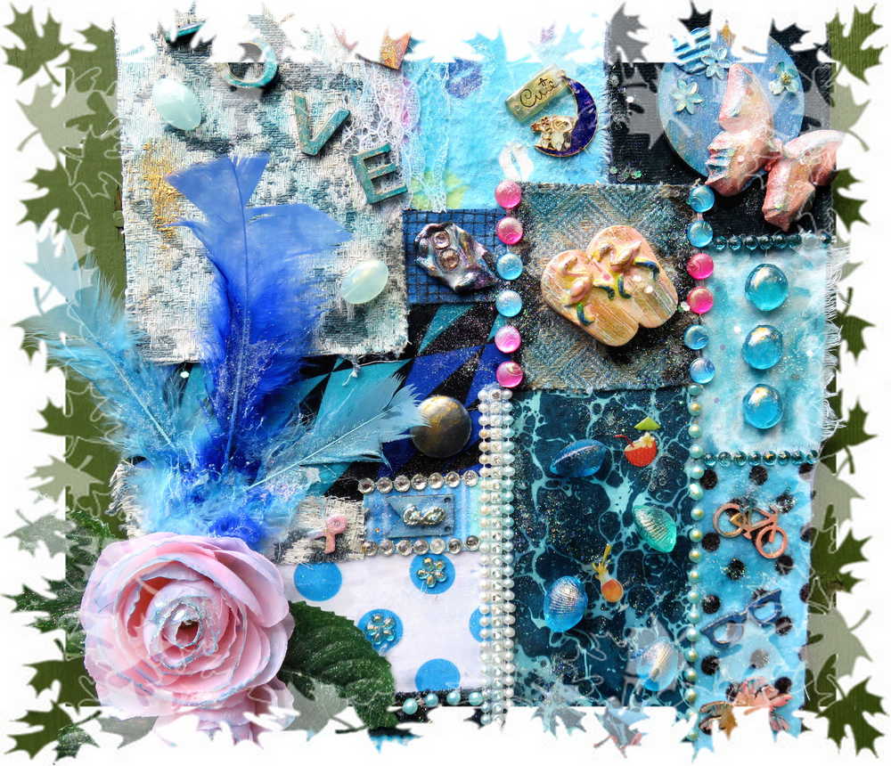"SWEET TREAT" Wall Collage Hanger using Fabrics in Soft Blues and Teals, Wall Art