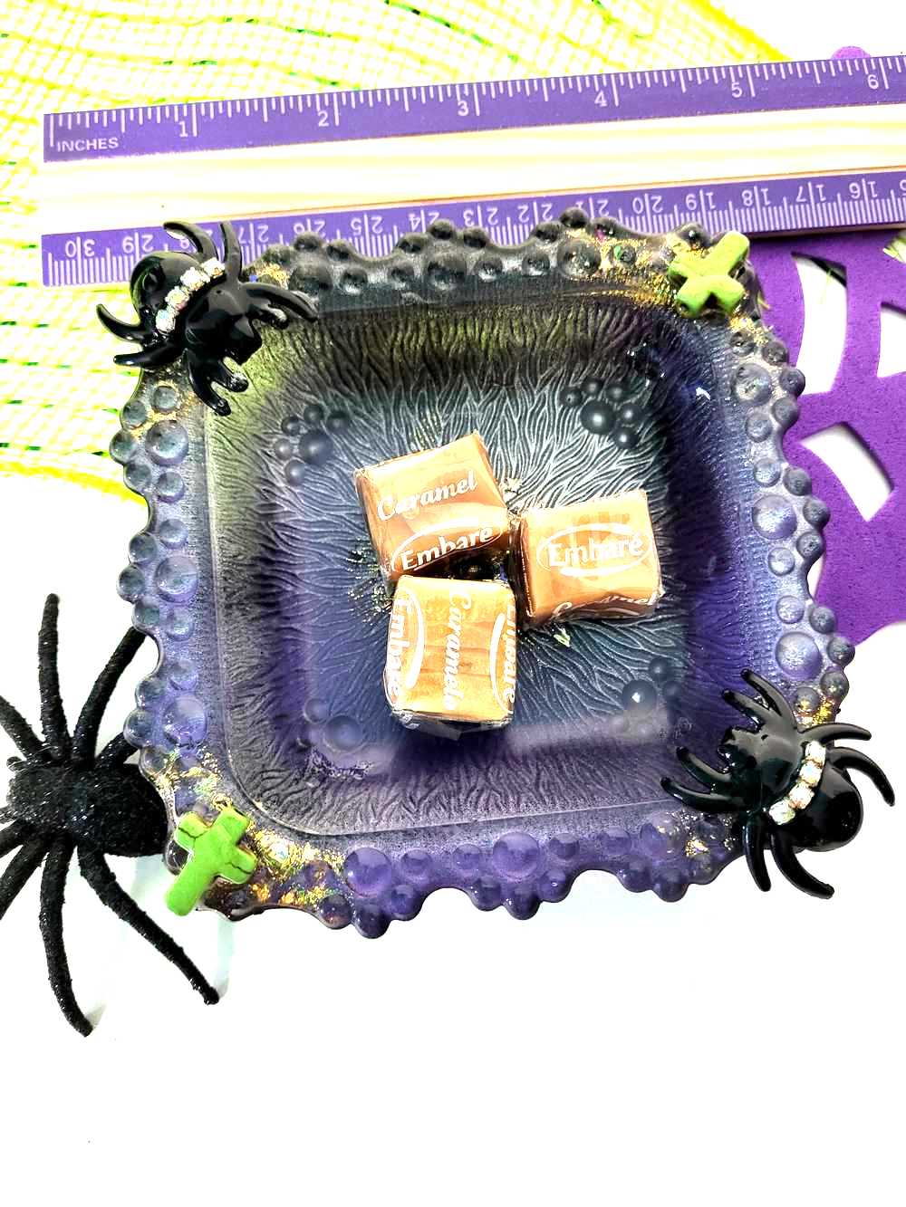 Creepy, Adorable Purple Candle Holder or Candy Dish with Rhinestone Studded Black Spiders and Green Crosses