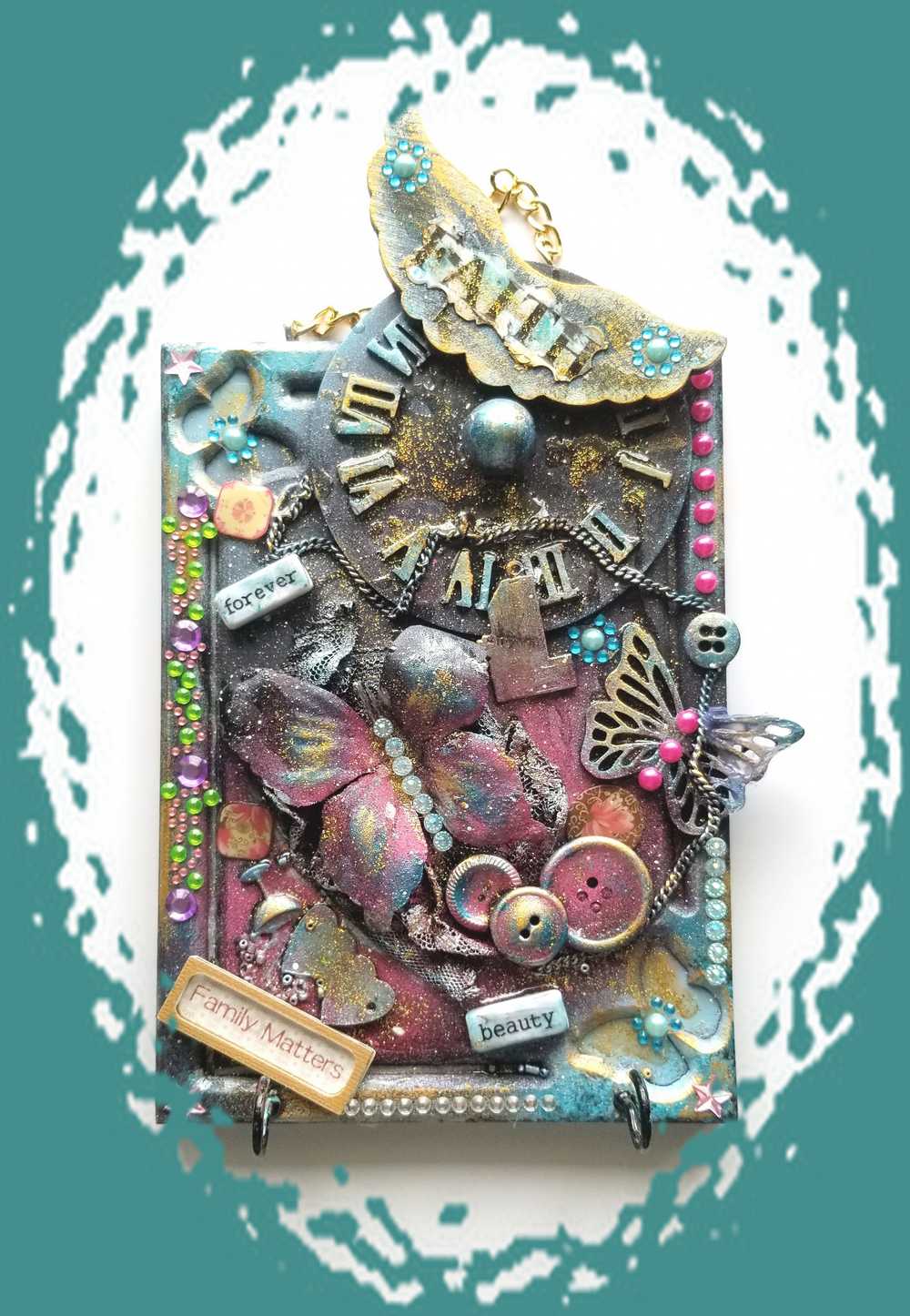 "Faith" Wood Wall Decor With Clock Face, Angel Wings & Butterflies, with Key Hooks