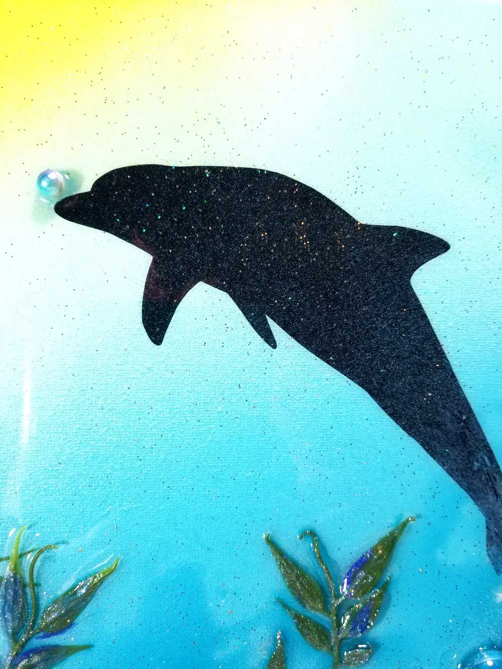 3D Canvas Resin Art with a Silhouette of a Dolphin, Seashells, Rocks and Foliage, 30 x 40 cm