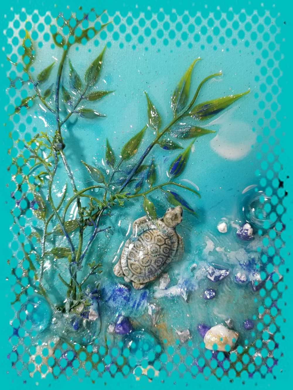 3D Resin Canvas Art of a Beautiful Silhouette of a Mermaid, a Glass Sea Turtle, Seashells, Greenery and Stones
