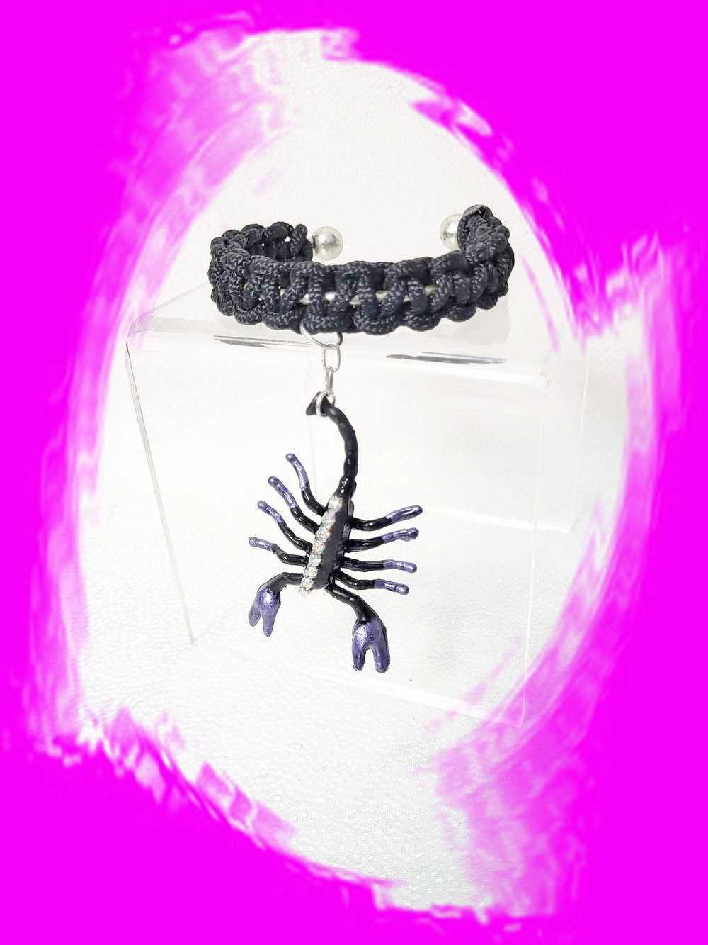 Creepy, Scary, Black Braided Open Bracelet with a Black & Purple Gem Encrusted Scorpion for Halloween or Everyday Wear