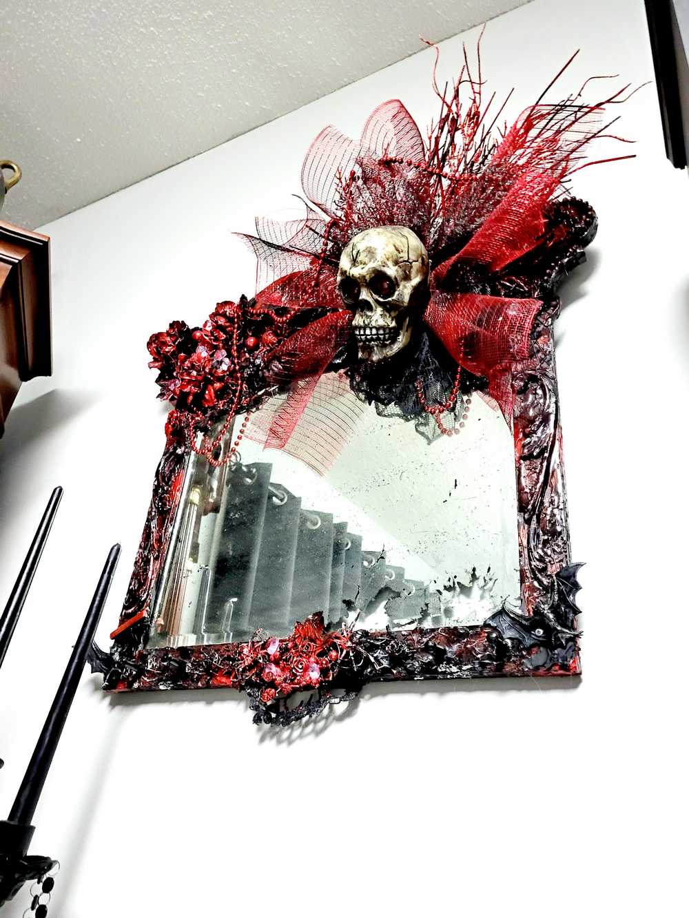 Large Antique Refurbished Skull Mirror in Red and Black with Bats & Spiders