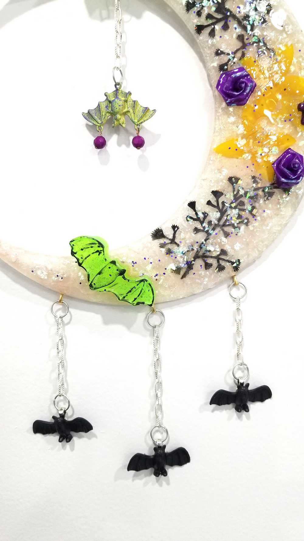 Resin Quarter Moon Bats, Spiders and Flowers