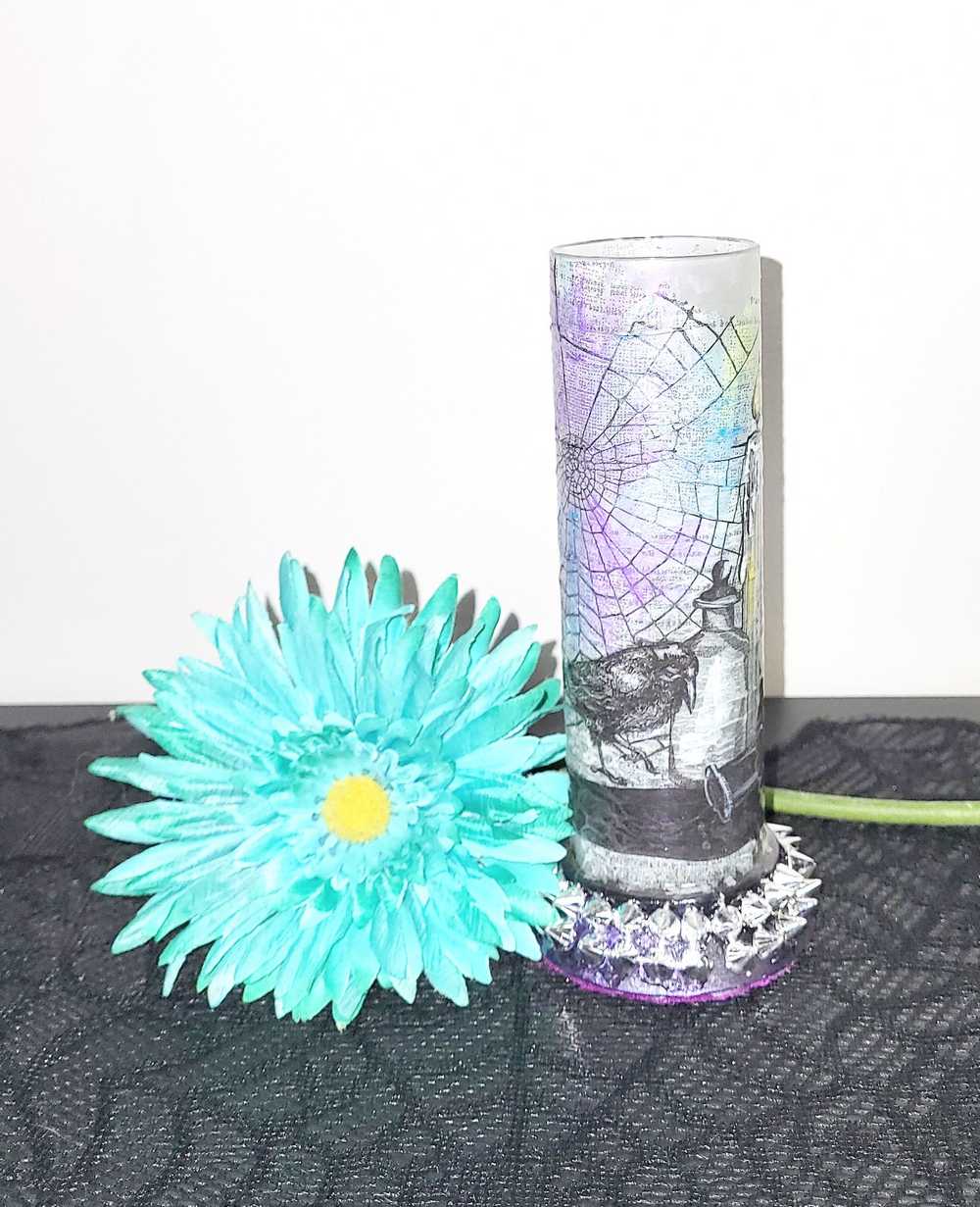 Glass Vase with Decoupage Crow, Potion Bottles, Candles, Cobwebs and Silver Studs, Gothic, Punk, Witch