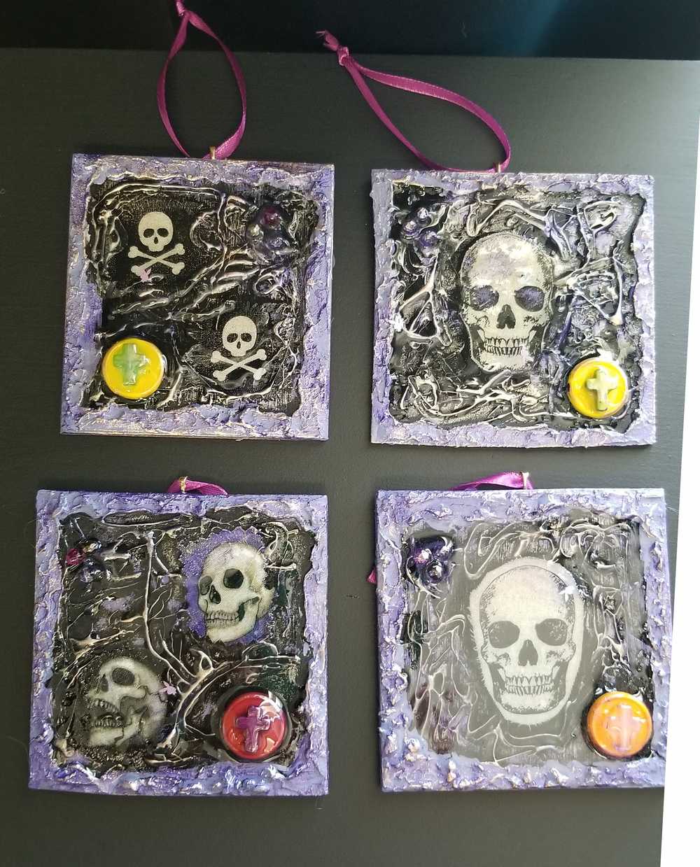 Purple and Black Skull Fabric Faces on Wood Ornaments
