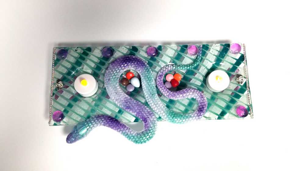Teal & Purple Glass 4 Candle Holder with Resin Snake, Candy Dish