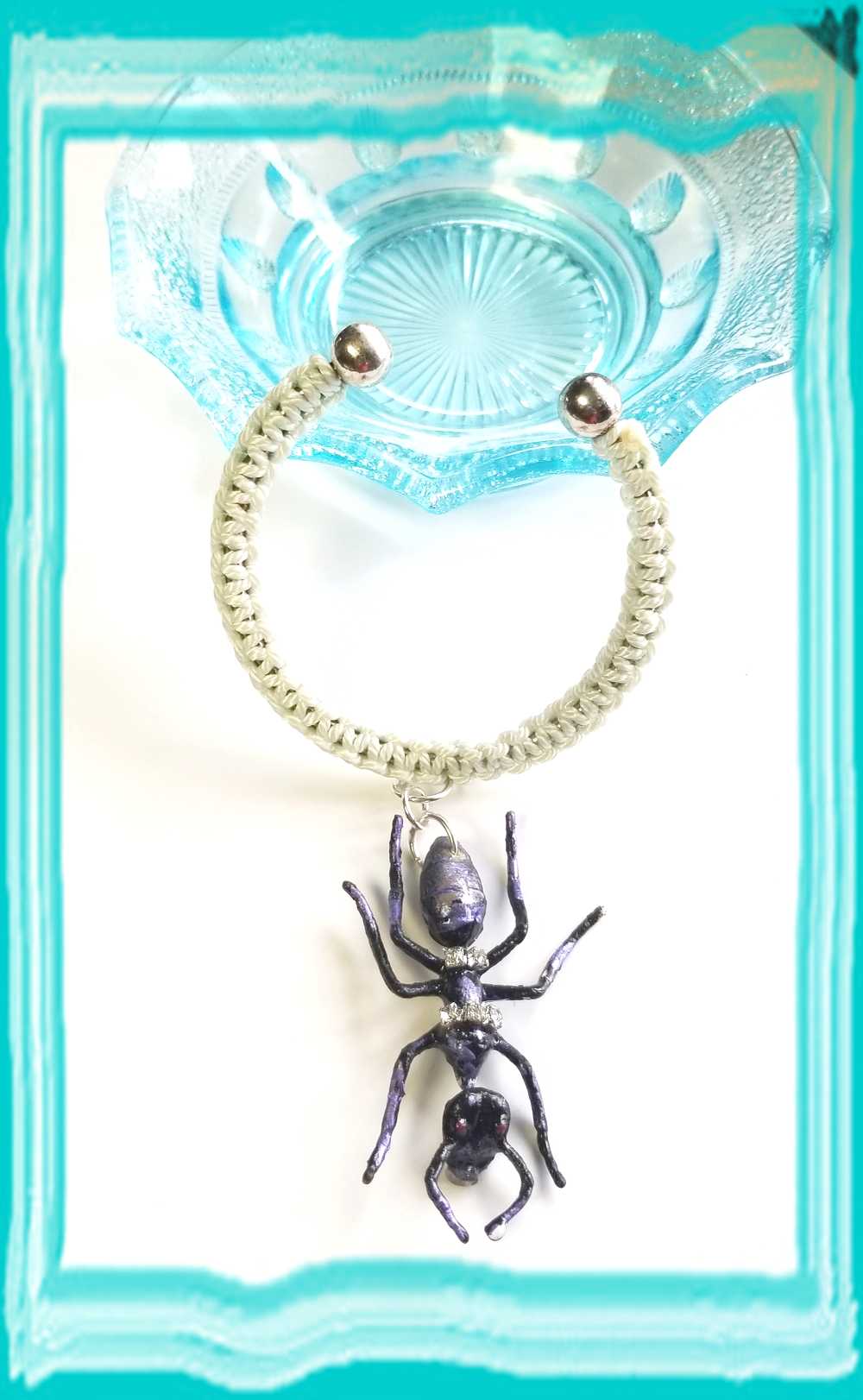 Giant Black Ant Bracelet Encrusted with Rhinestones For Halloween, Punk, Goth, White Braided Open Bangel
