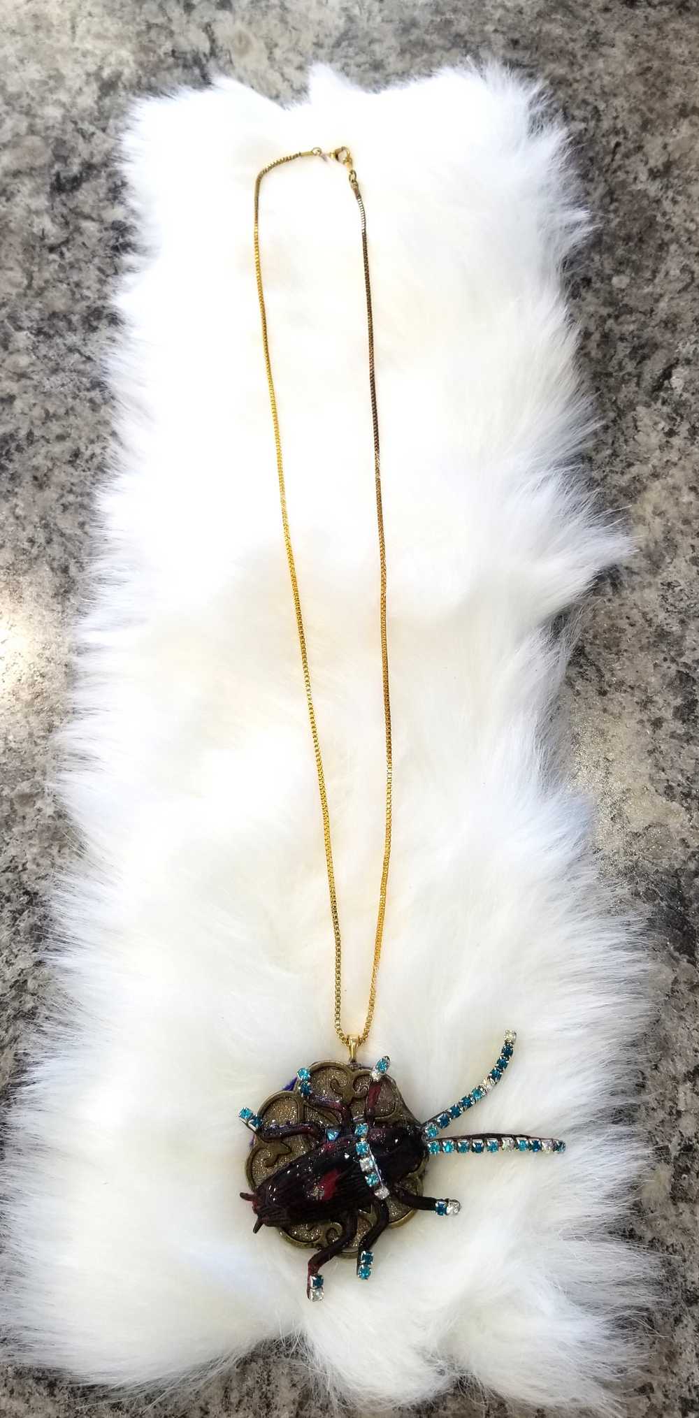 Beetle Bug Necklace for Halloween or Everyday Wear, Teal & Clear Rhinestones