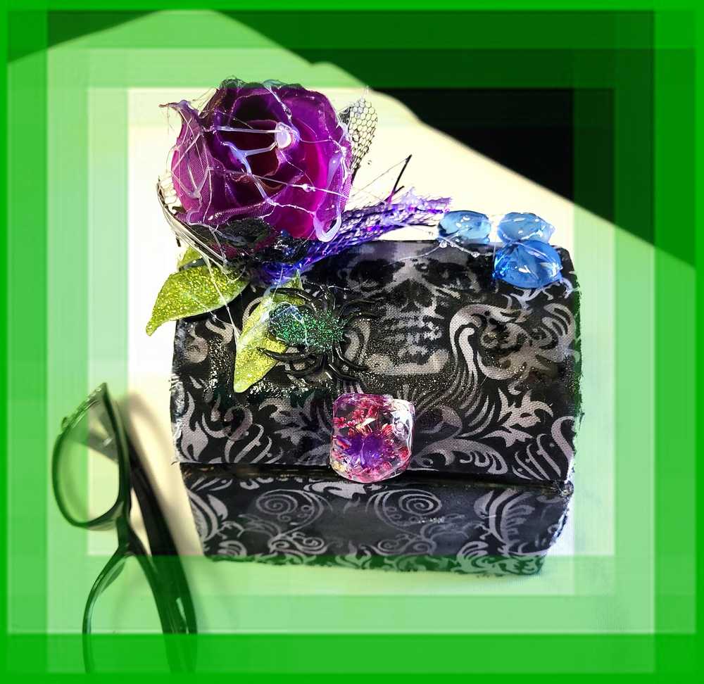 Hump Back Jewelry, Stash, Trinket Box, Covered with Black Skull Fabric, a Purple Rose, Blue Glass Cabochons, Spider,