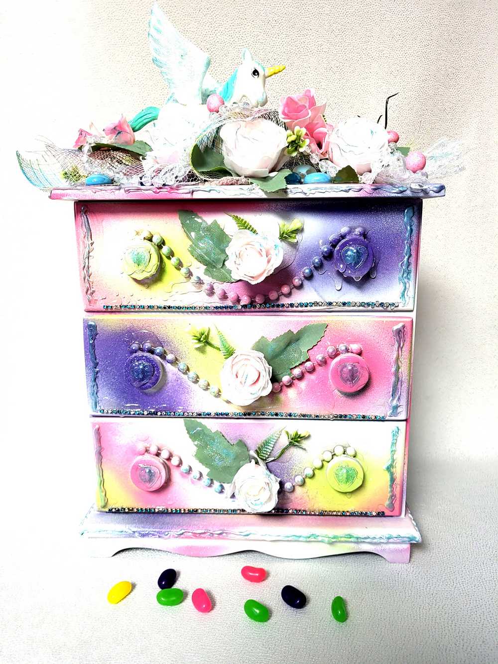 Girls, Ladies Jewelry Box with Pink Roses, a Unicorn, Glittery Lace and Glass Cabochons
