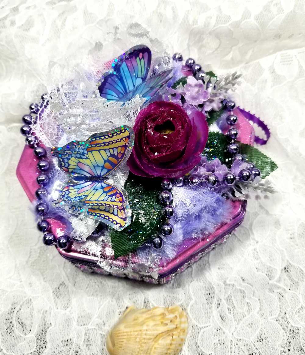 Tin Box Repurposed into a Jewelry Box, Two Butterflies and Deep Purple Rose on Lace