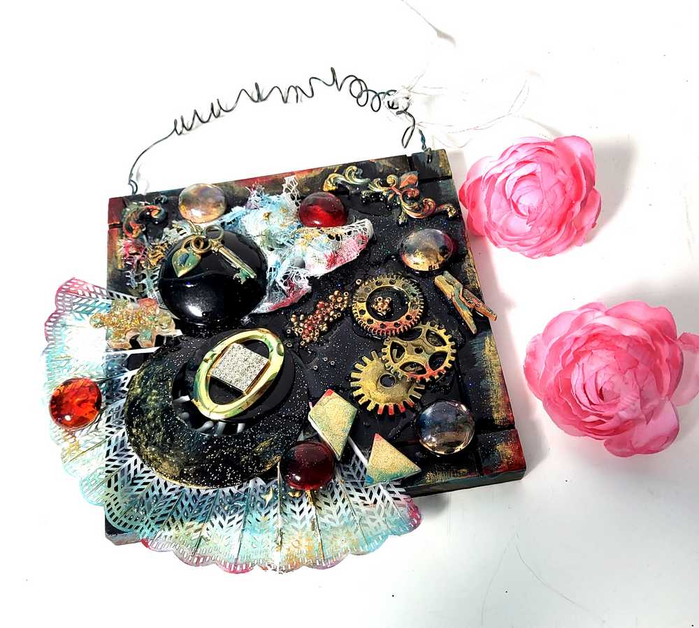 Black Gothic Wall Plaque with Gears, Buttons, Lace, Keys and Recycled Jewelry, Curly Wire for Hanging