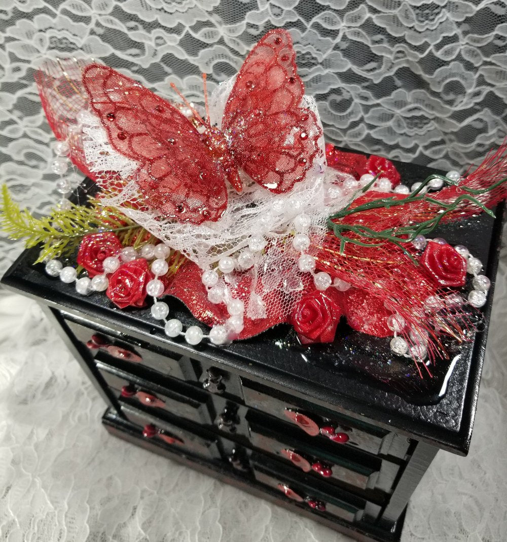 Black & Red 3 Drawer Ladies Jewlery Box with a Red Butterfly, Red & White Lace with Hearts on the Handles