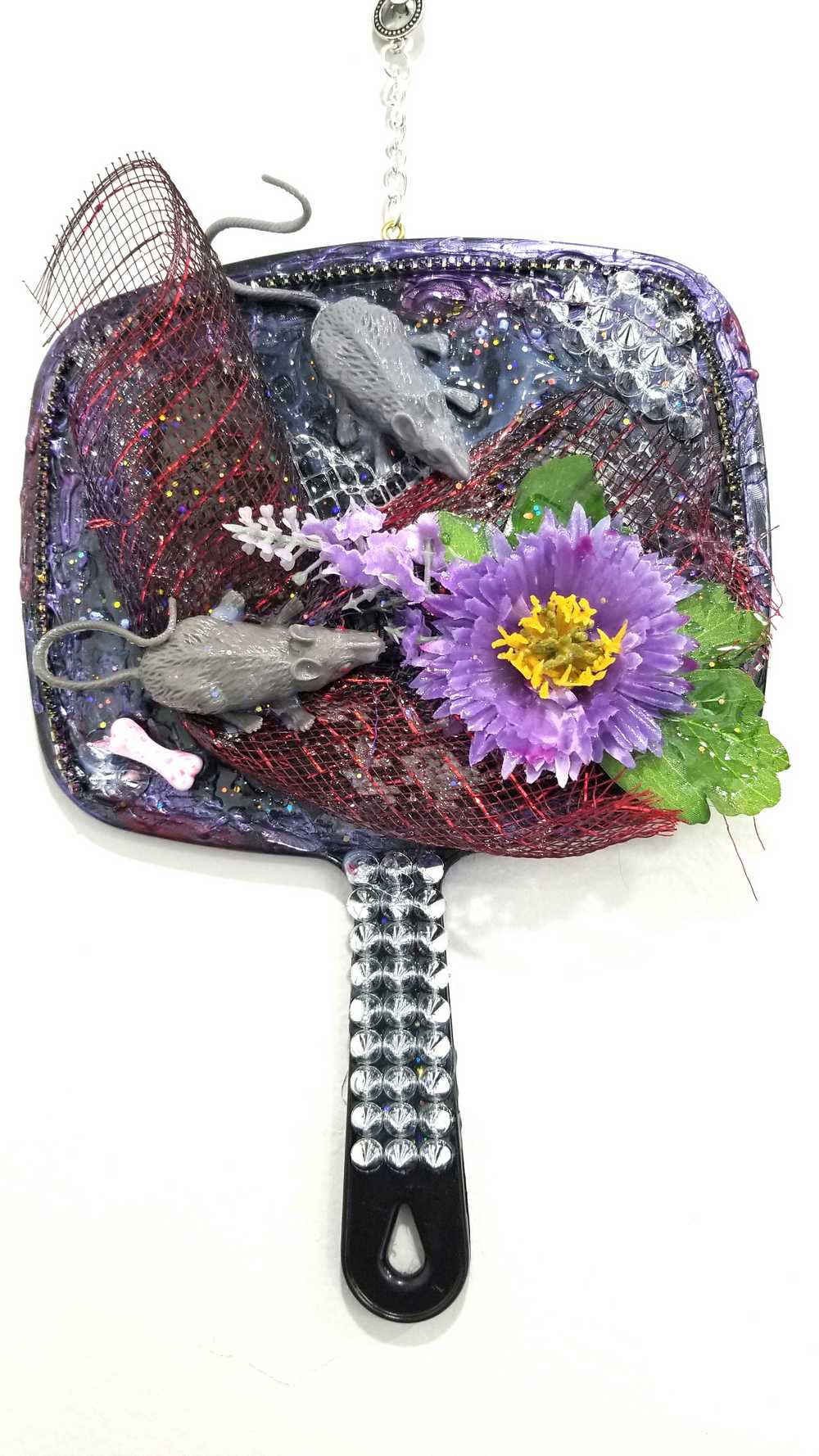 Black Studded Hand Held Mirror with Rats and Purple Flowers. Punk Art