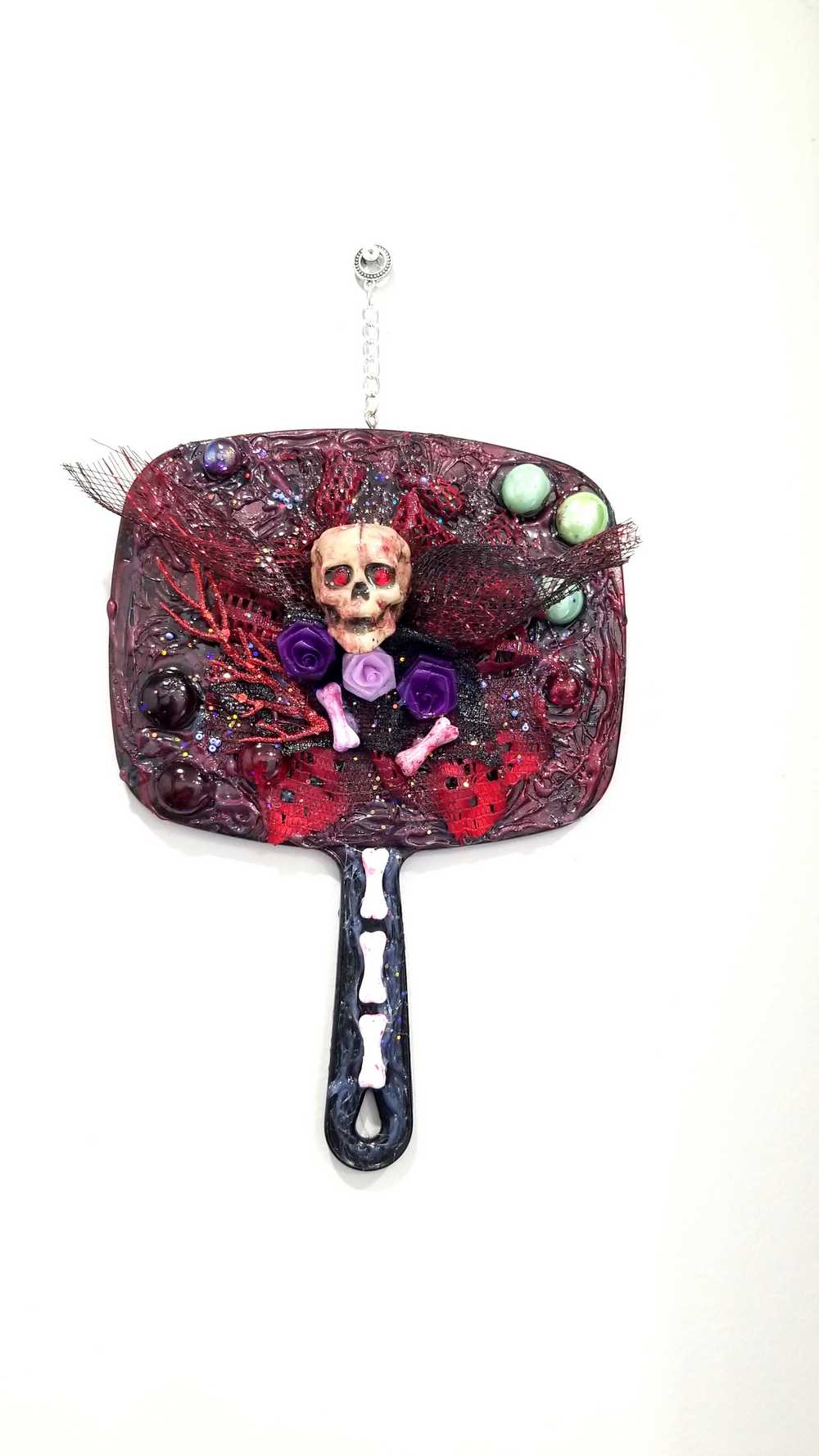 Black Hand Mirror, with Skull, Bones, Black & Red Lace, Goth Art