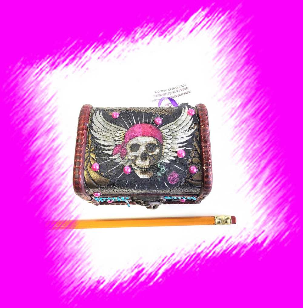 Business Card Holder like no other. Fabric Skull with Wings Wearing a Burgundy Head Scarf