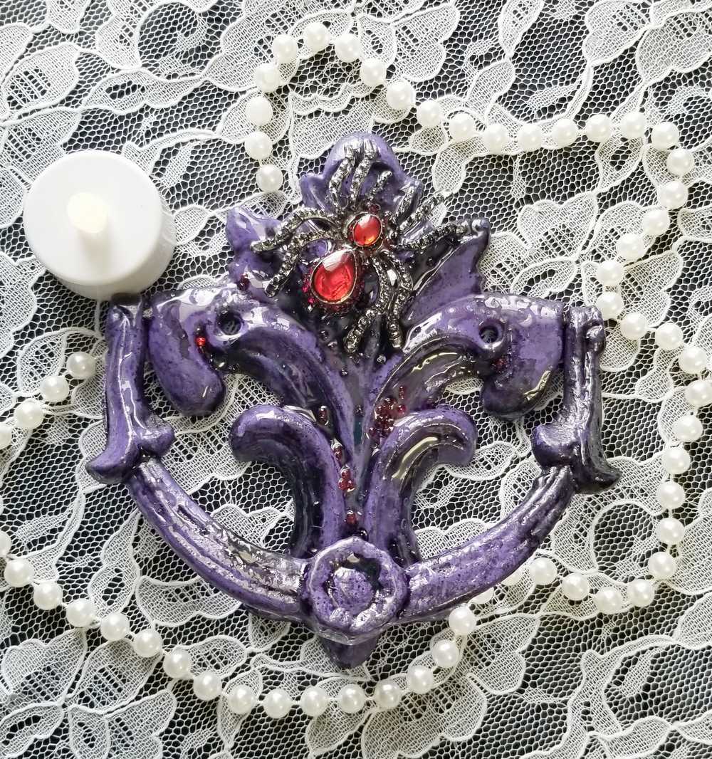 Antique Heavy Metal Door Knocker Painted Deep Purple with Red Studded Gemstone Spider