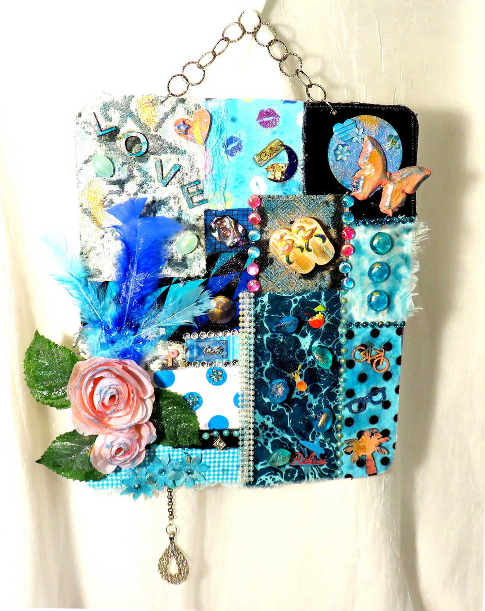 "SWEET TREAT" Wall Collage Hanger using Fabrics in Soft Blues and Teals, Wall Art
