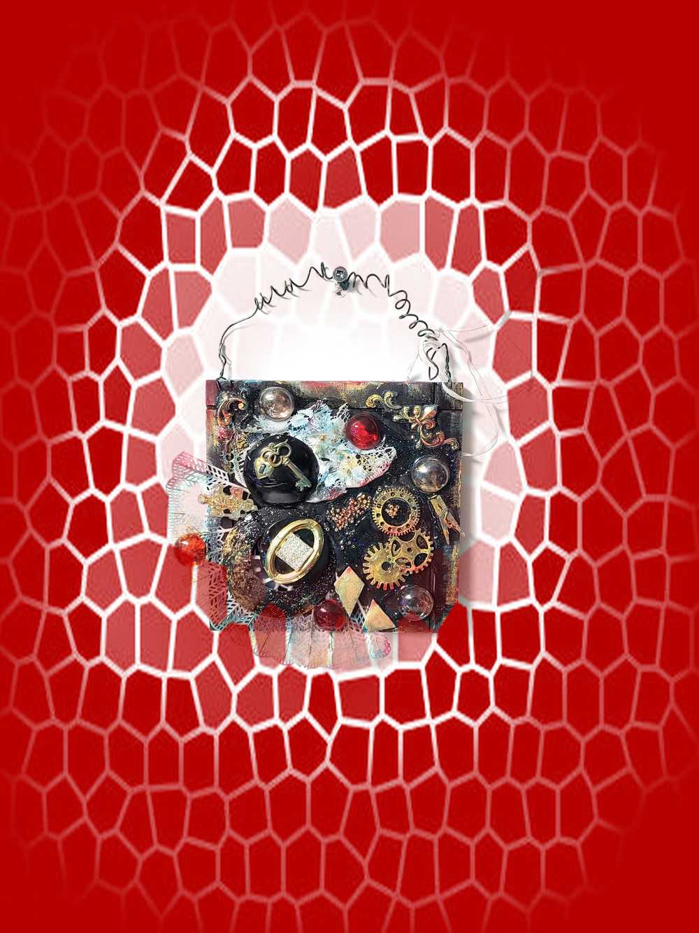 Black Gothic Wall Plaque with Gears, Buttons, Lace, Keys and Recycled Jewelry, Curly Wire for Hanging