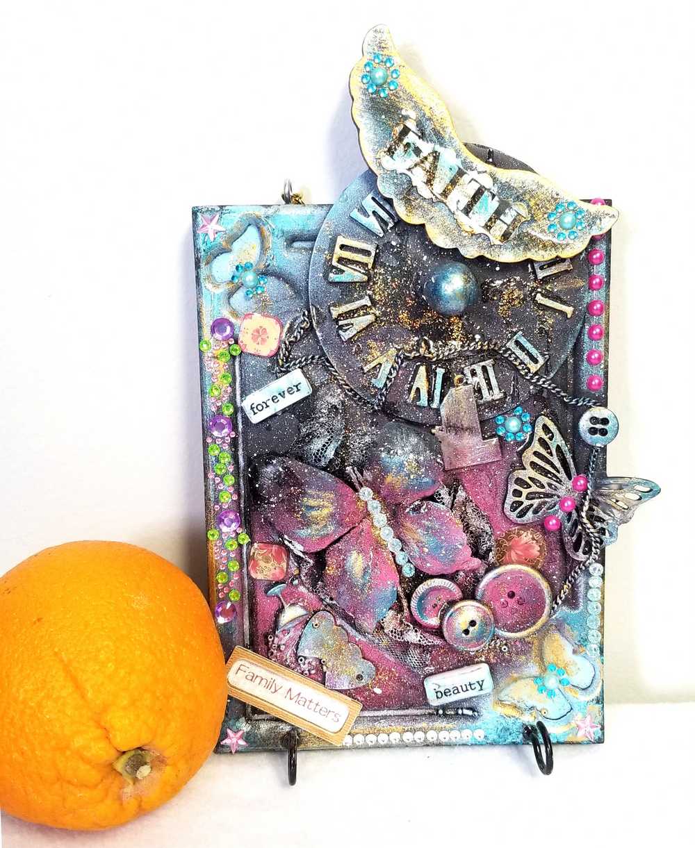 "Faith" Wood Wall Decor With Clock Face, Angel Wings & Butterflies, with Key Hooks