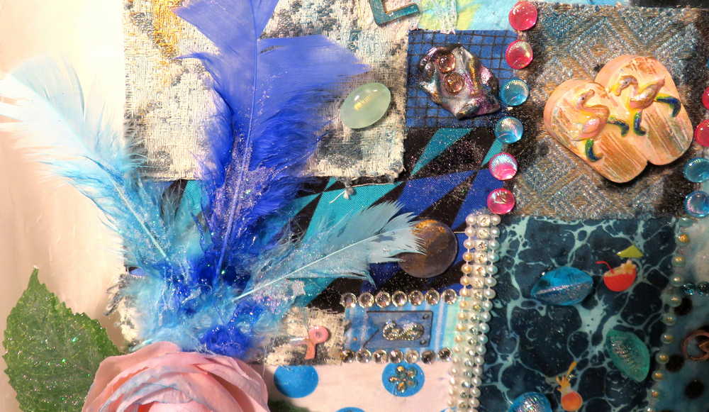 "SWEET TREAT" Wall Collage Hanger using Fabrics in Soft Blues and Teals, Wall Art