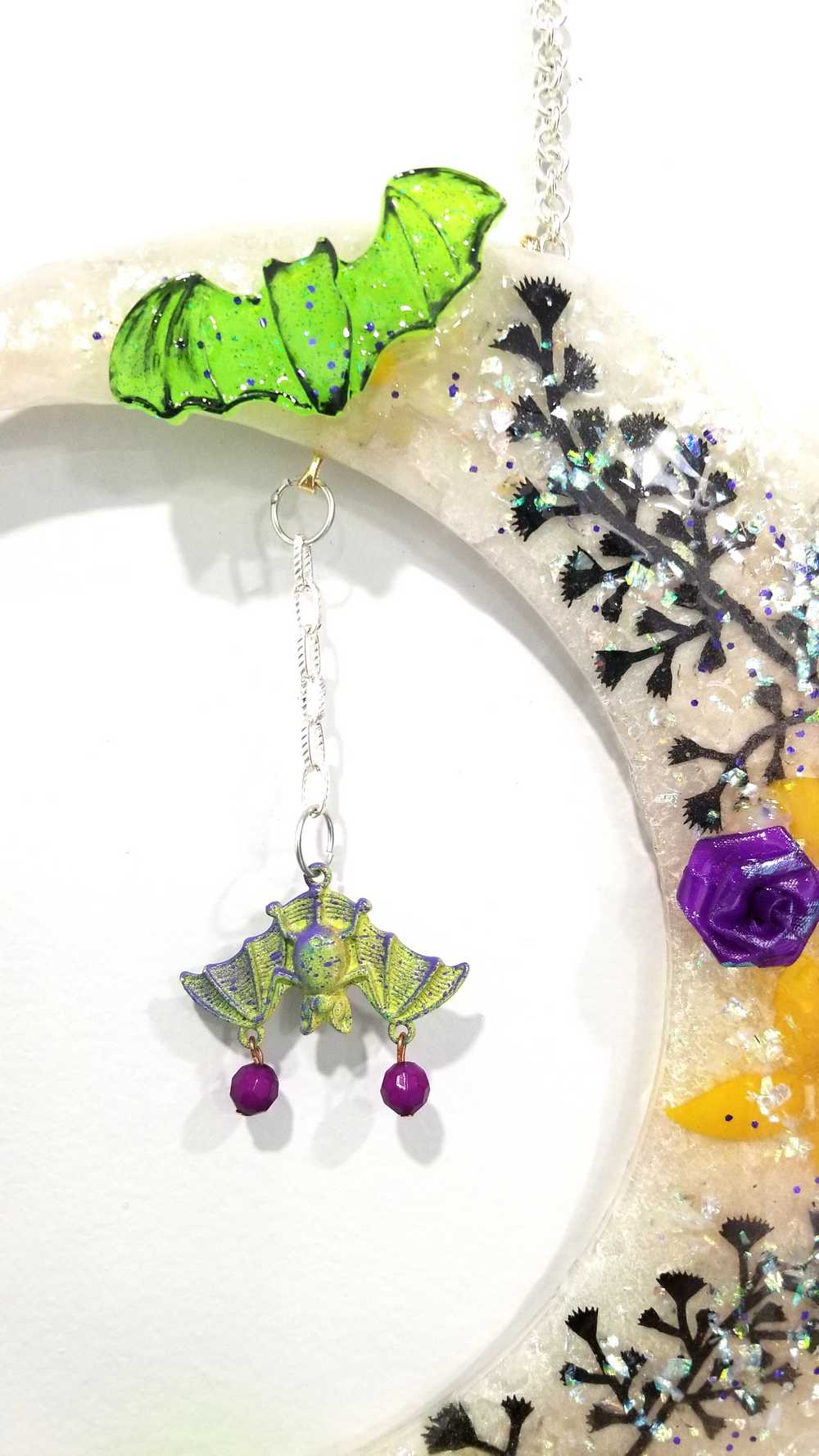 Resin Quarter Moon Bats, Spiders and Flowers