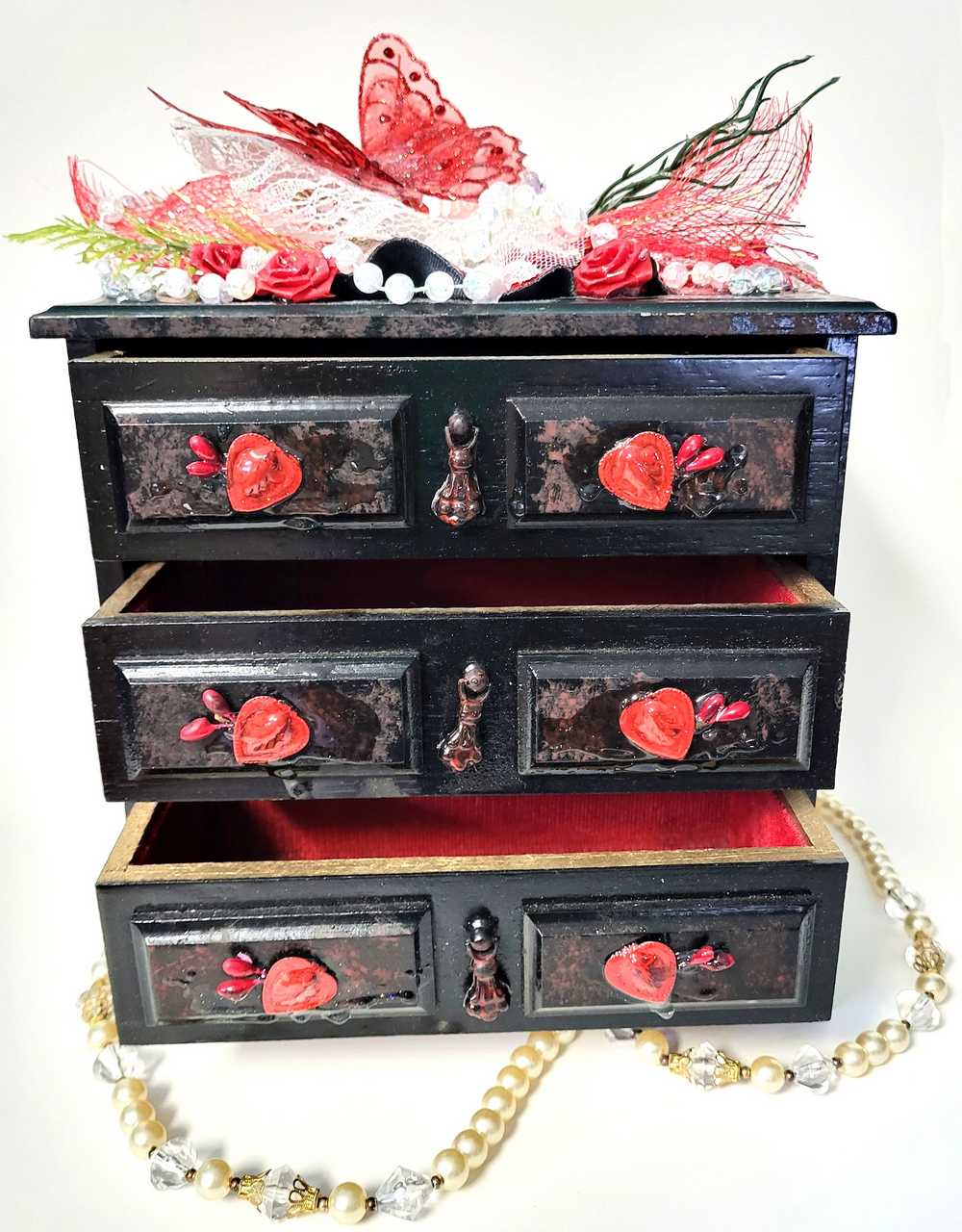 Black & Red 3 Drawer Ladies Jewlery Box with a Red Butterfly, Red & White Lace with Hearts on the Handles