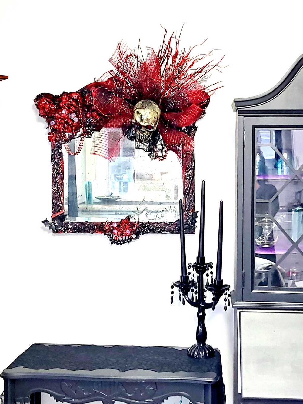 Large Antique Refurbished Skull Mirror in Red and Black with Bats & Spiders