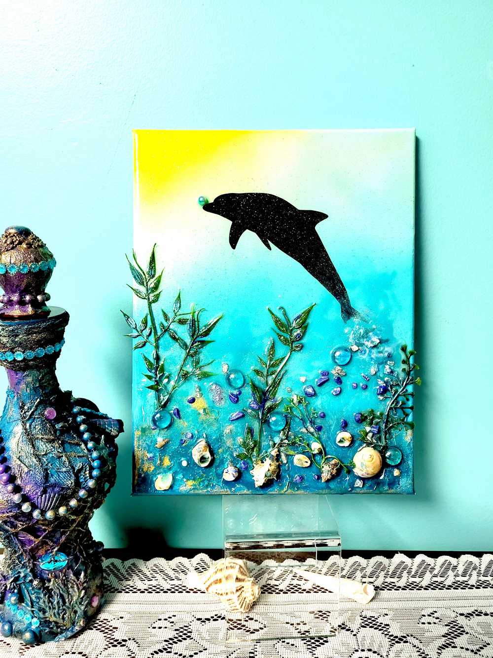 3D Canvas Resin Art with a Silhouette of a Dolphin, Seashells, Rocks and Foliage, 30 x 40 cm
