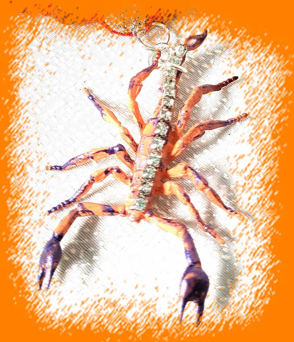 Orange Rhinestone Encrusted Scorpion Braided Bracelet for Halloween, Punk, Goth or Everyday.