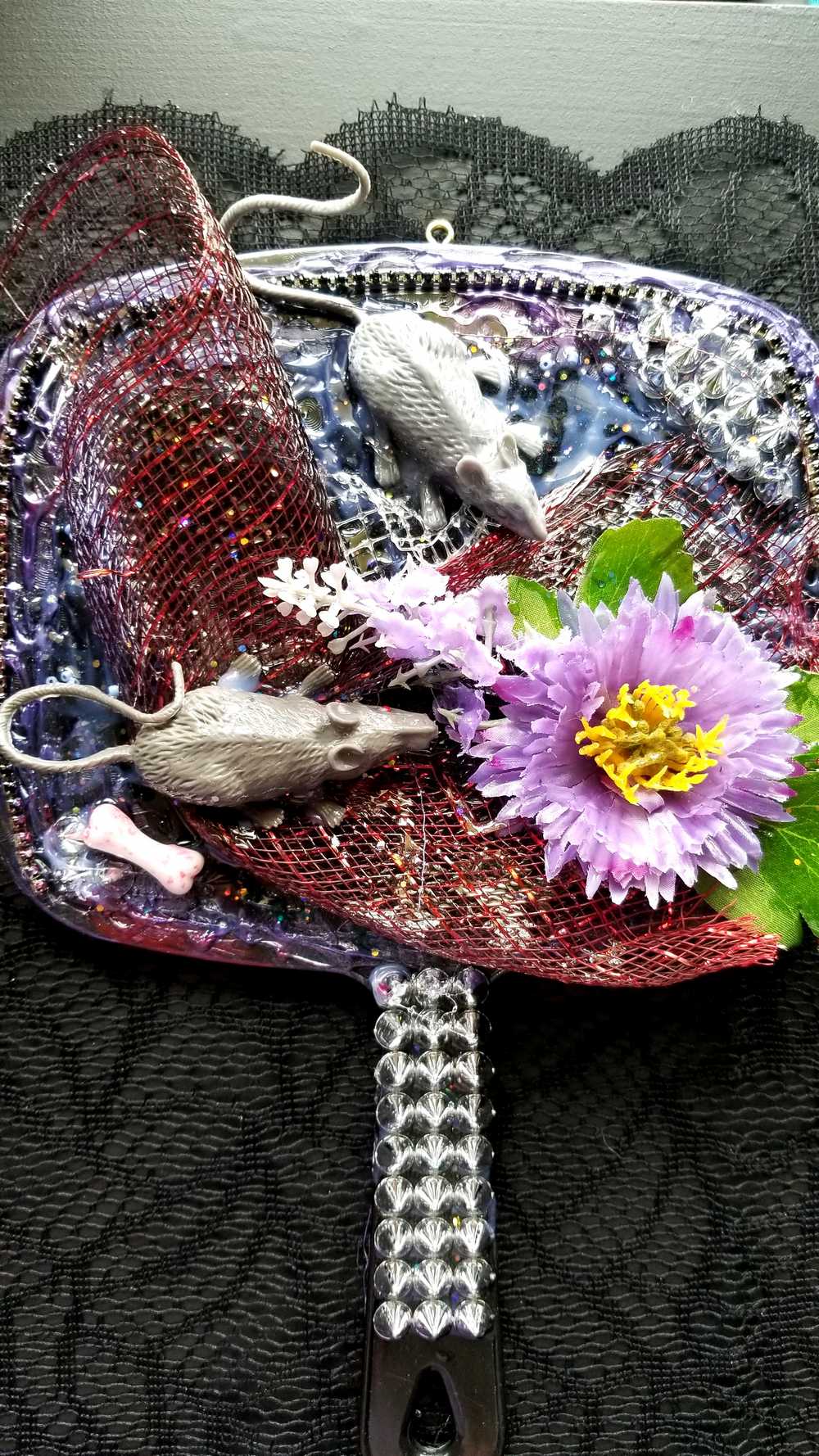 Black Studded Hand Held Mirror with Rats and Purple Flowers. Punk Art
