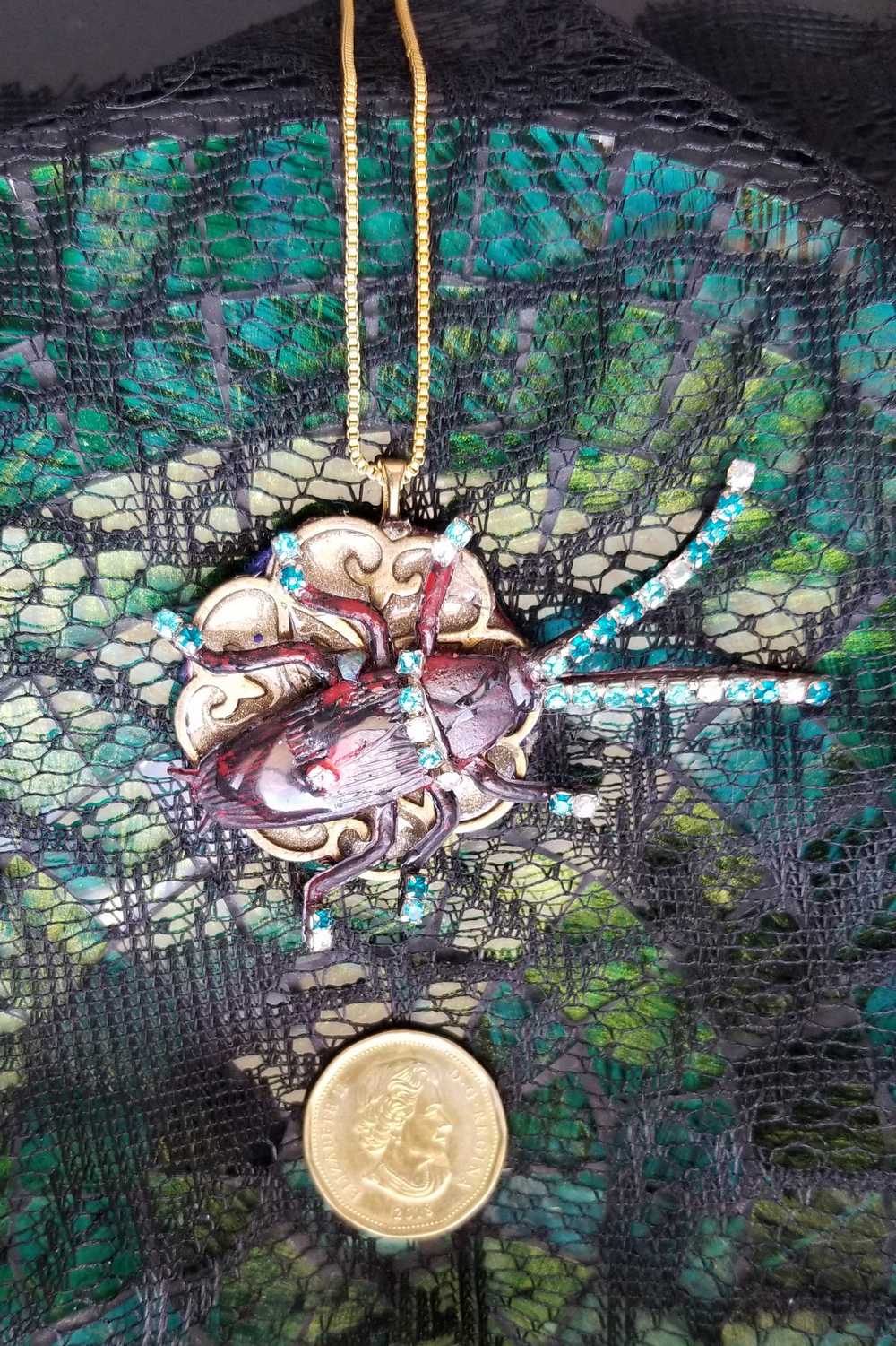 Beetle Bug Necklace for Halloween or Everyday Wear, Teal & Clear Rhinestones