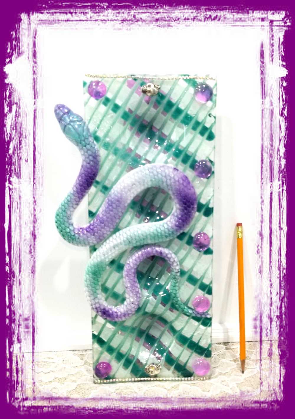 Teal & Purple Glass 4 Candle Holder with Resin Snake, Candy Dish