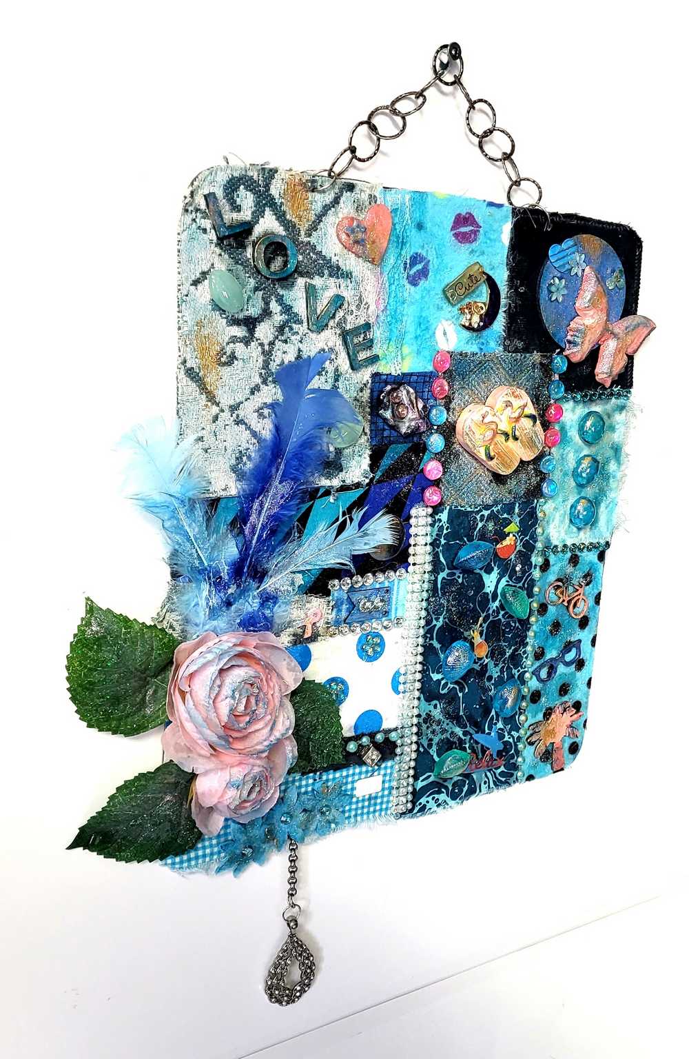 "SWEET TREAT" Wall Collage Hanger using Fabrics in Soft Blues and Teals, Wall Art