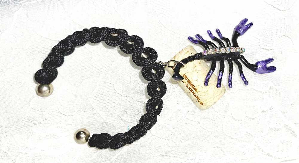 Creepy, Scary, Black Braided Open Bracelet with a Black & Purple Gem Encrusted Scorpion for Halloween or Everyday Wear
