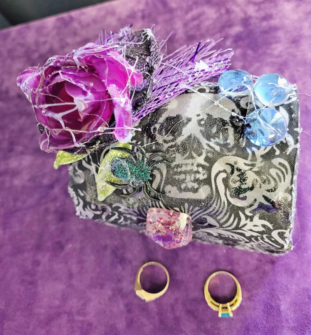 Hump Back Jewelry, Stash, Trinket Box, Covered with Black Skull Fabric, a Purple Rose, Blue Glass Cabochons, Spider,