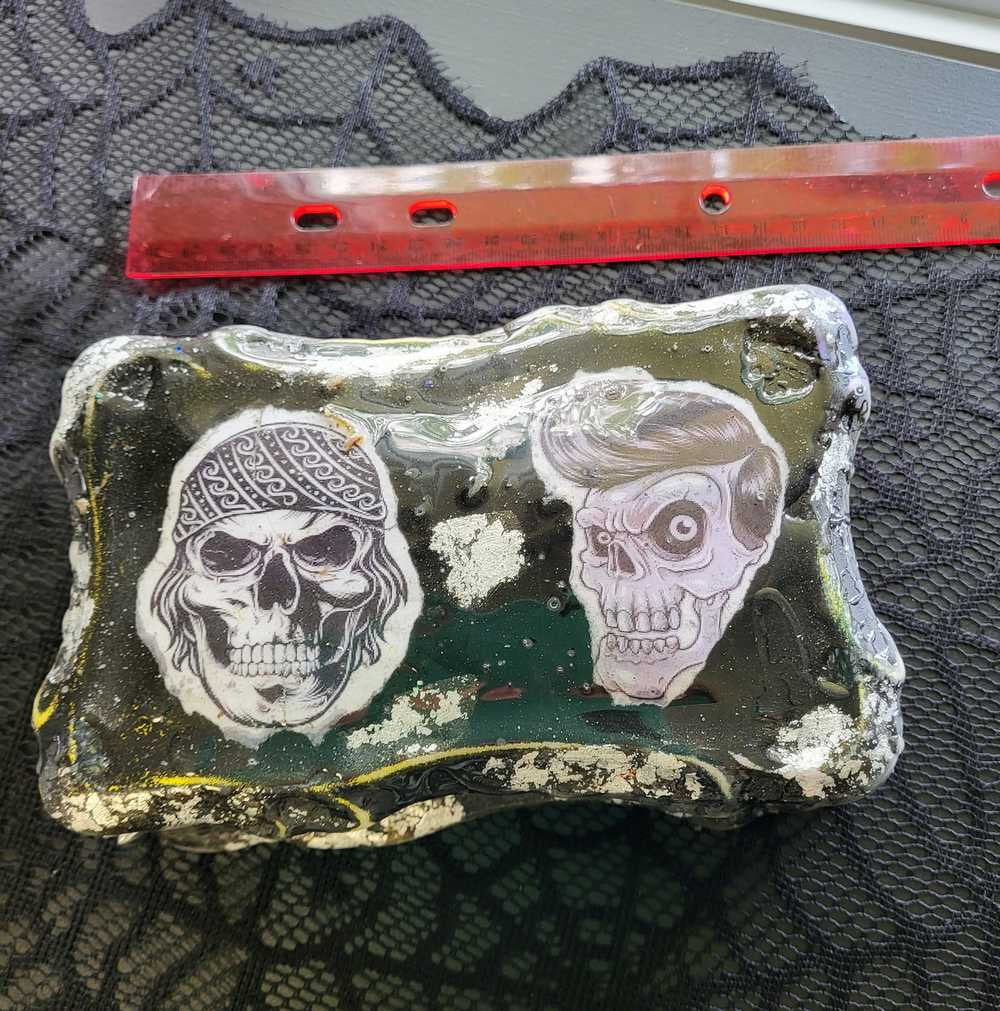 Black Painted Porcelain Trinket/Stash, Jewelry Box with Skull Faces and Silver Studded Domes