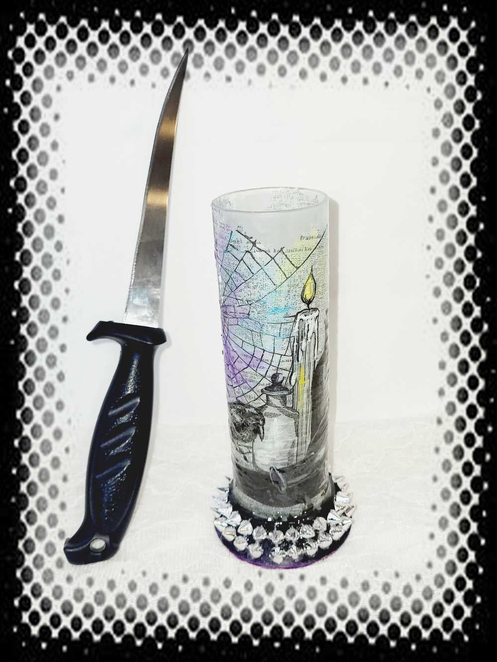 Glass Vase with Decoupage Crow, Potion Bottles, Candles, Cobwebs and Silver Studs, Gothic, Punk, Witch