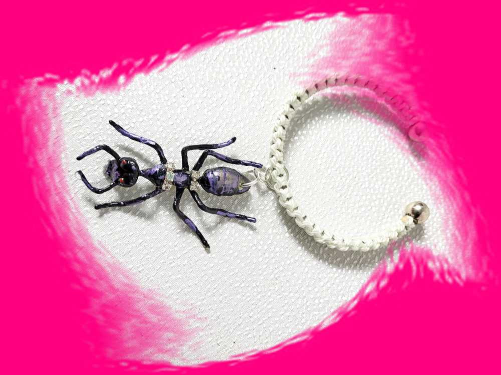 Giant Black Ant Bracelet Encrusted with Rhinestones For Halloween, Punk, Goth, White Braided Open Bangel
