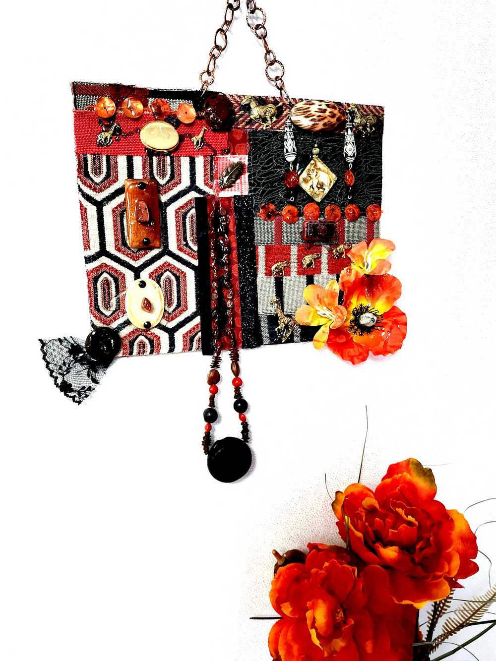 "SAFARI" Wild Animals & Fabric Wall Art In Deep Oranges & Browns, Abstract Art, One of a Kind Artwork
