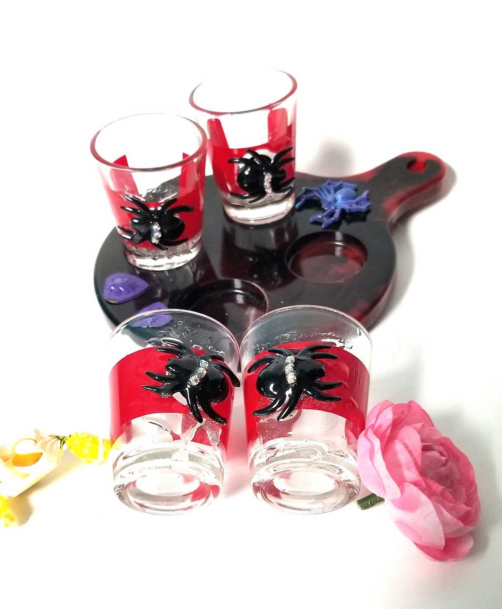 4 Shot Glasses in Red with Black Spiders with Rhinestones