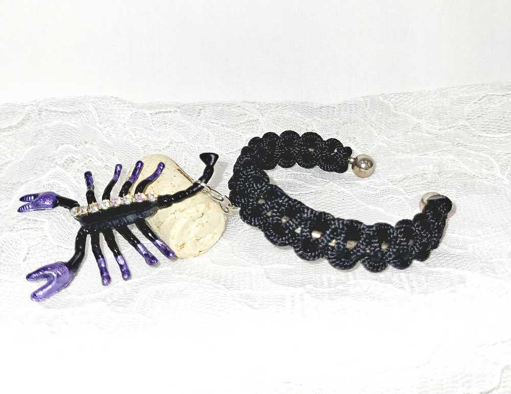Creepy, Scary, Black Braided Open Bracelet with a Black & Purple Gem Encrusted Scorpion for Halloween or Everyday Wear