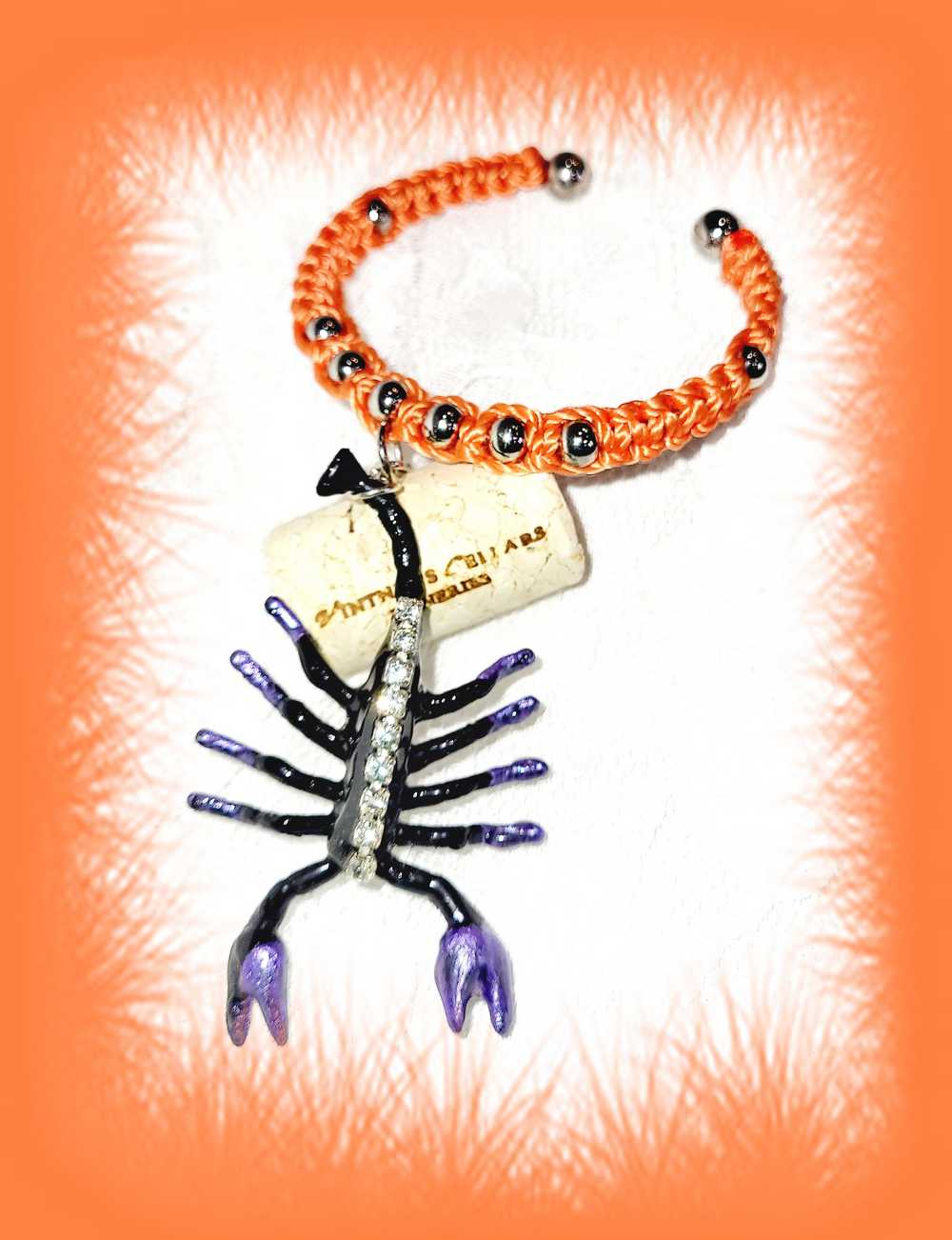 Orange & Black Open Bracelet with Creepy Black Gem Encrusted Clear Rhinestones, For Halloween, Punk or Goth